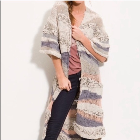 FREE PEOPLE Small Cardigan Sands of Time Sweater Cozy Long Mixed Knit Metallic - Picture 2 of 8